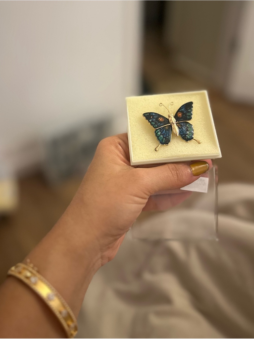 Blue and Green Butterfly Brooch - Gold Tone
